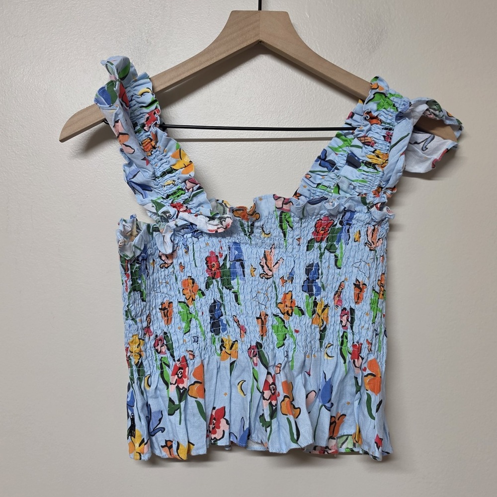 HILL HOUSE Blue Floral Paz Nap Top Smocked Cropped Size Extra Large XL